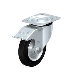  L-RD Rodajas de acero estampado pesado, con ruedas de caucho negro de servicio medio, con placa de montaje Type: R-FI - Cojinete de rodillos con freno «stop-fix»