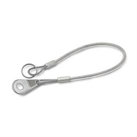 GN 111.8 Stainless Steel AISI 316 Retaining Cables, with 2 Key Rings or 1 Key Ring and 1 Mounting Tab Type: B - With 1 mounting tab and 1 key ring<br />Color: TR - Transparent