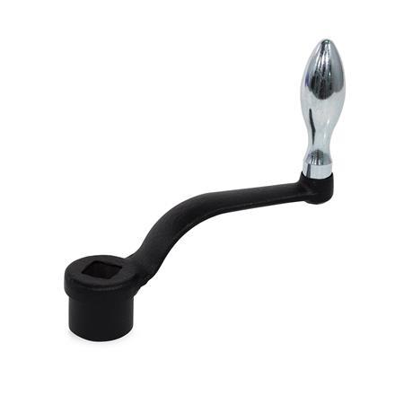 DIN 468 Cast Iron Off-Set Crank Handles, with Fixed or Revolving Handle, with Round or Square Bore Bohrungskennzeichen: V - With square
Type: F - With fixed handle