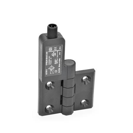 EN 239.4 Technopolymer Plastic Hinges with Integrated Switch, with Connector Plug Identification: SL - Bores for contersunk screw, switch left
Type: AS - Connector plug at the top