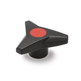 EN 533.6 Technopolymer Plastic Three-Lobed Knobs, with Brass / Stainless Steel Tapped Insert, Softline Color of the cover cap: DRT - Red, RAL 3000, matte finish