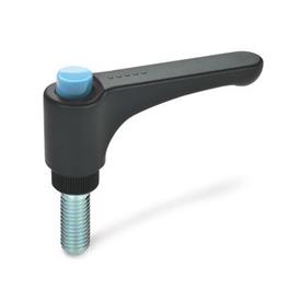 EN 600 Technopolymer Plastic Straight Adjustable Levers, with Push Button, Threaded Stud Type, with Steel Components, Ergostyle® Color of the push button: DBL - Blue, RAL 5024, shiny finish