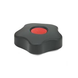 EN 5331 Technopolymer Plastic Five-Lobed Knobs, with Brass Square or Tapped Insert, Low Type, with Colored Cover Caps Type: B - With cover cap<br />Color of the cover cap: DRT - Red, RAL 3000, matte finish