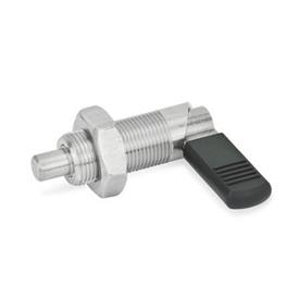 GN 612 Stainless Steel Cam Action Indexing Plungers, Lock-Out Type: BK - With plastic sleeve, with lock nut<br />Material: NI - Stainless steel