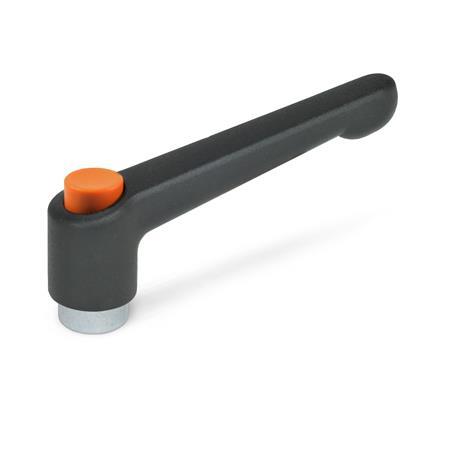 Manijas ajustables GN 303.2: Zinc fundido a presión, tipo roscado, con componentes de acero zincado, con botón pulsador
