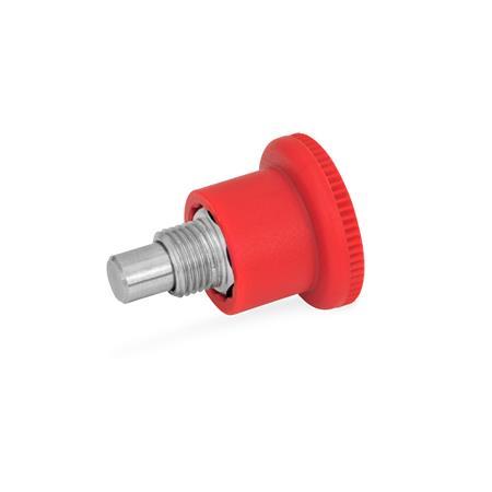 GN 822 Steel / Stainless Steel Mini Indexing Plungers, Lock-Out and Non Lock-Out, with Hidden Lock Mechanism, with Red Knob Material: NI - Stainless steel
Type: B - Non lock-out
Color: RT - Red, RAL 3000