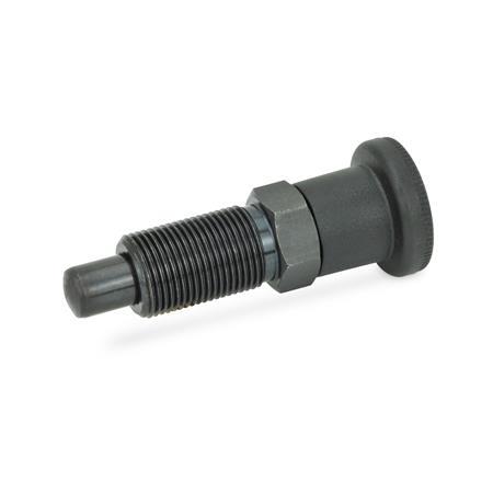 Threaded Body Spring Load End 2.8 Pounds 5/16-18 Thread Size 0.63 Thread Length with Lock Nut GN 817 Series Steel Non Lock-Out Type Inch Size Indexing Plunger with Multiple Pin Lengths and Threaded Spindle 5/16-18 Thread Size 0.63 Thread Length
