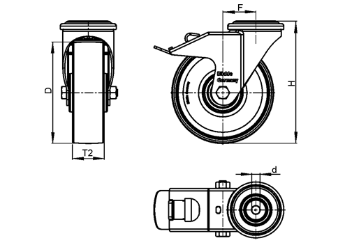  LRA-POA Rodajas giratorias de acero con ruedas de nylon negro,montaje con agujero para perno o vástago roscado, serie de soportes estándar boceto