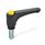 EN 600 Technopolymer Plastic Straight Adjustable Levers, Ergostyle®, with Push Button, Threaded Stud Type, with Steel Components Color of the push button: DGB - Yellow, RAL 1021, shiny finish