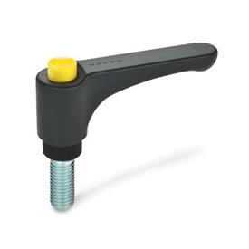 EN 600 Technopolymer Plastic Straight Adjustable Levers, Ergostyle®, with Push Button, Threaded Stud Type, with Steel Components Color of the push button: DGB - Yellow, RAL 1021, shiny finish