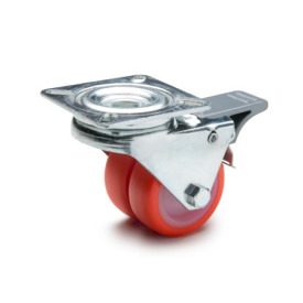 EN 22880 Steel Light Duty Casters, Polyurethane Wheel Tread, Polyamide Wheel Core, Double Wheel Version Bearing type: G - Friction bearing<br />Bracket type: LF - Swivel bracket with mounting plate, with total lock brake<br />Coding: D - Double wheel version<br />Bracket material: ST - Steel sheet metal