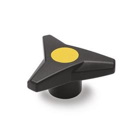 EN 533.6 Perilla de tres lóbulos de plástico tecnopolímero, Softline, con inserto roscado de latón / acero inoxidable Color del tapón de la cubierta: DGB - Amarillo, RAL 1021, acabado mate