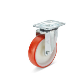 EN 22882 Steel / Stainless Steel Medium Duty Casters, Polyurethane Wheel Tread, Polyamide Wheel Core, Light Version Bearing type: G - Friction bearing<br />Bracket type: L - Swivel bracket with mounting plate<br />Coding: L - Light version<br />Bracket material: ST - Steel sheet metal