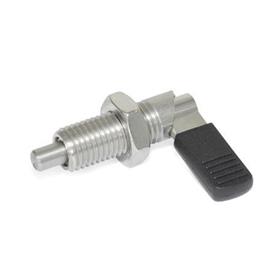 GN 721.5 Stainless Steel Cam Action Indexing Plungers, Non Lock-Out, with 180° Limit Stop Type: LBK - Left hand limit stop, with plastic sleeve, with lock nut
