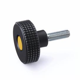 EN 534 Technopolymer Plastic Diamond Cut Knurled Knobs, with Steel Threaded Stud, with Colored Cap Cover cap color: DGB - Yellow, RAL 1021, matte finish