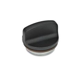 GN 442 Tapones roscados de aluminio, con agarradera, resistente hasta 392 °F Identificación núm.: 1 - Sin perforación de ventilación<br />Color: SW - Negro, RAL 9005, acabado texturizado