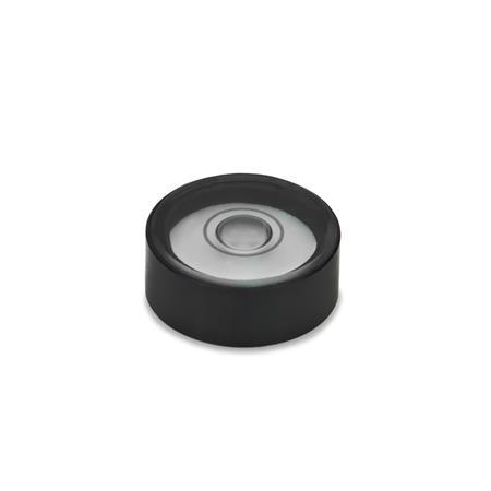 GN 2281 Aluminum or Plastic Bull's Eye Spirit Levels, for Installation in Plates and Housings Finish / Material: ALS - Anodized finish, black
Filling: K - Colorless-transparent
Identification no.: 1 - Without contrast ring