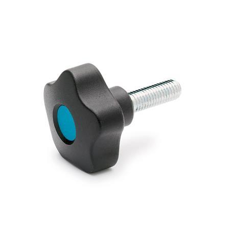 EN 5337.2 Technopolymer Plastic Five-Lobed Knobs, with Steel Threaded Stud Color of the cover cap: DBL - Blue, RAL 5024, matte finish