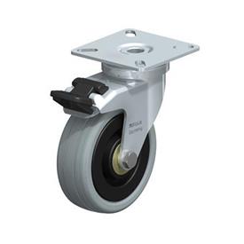  LPA-VPA Rodajas giratorias de acero con ruedas caucho gris de servicio ligero, con placa de montaje, serie de soportes estándar Type: K-FI - Cojinete de bolas con freno «stop-fix»