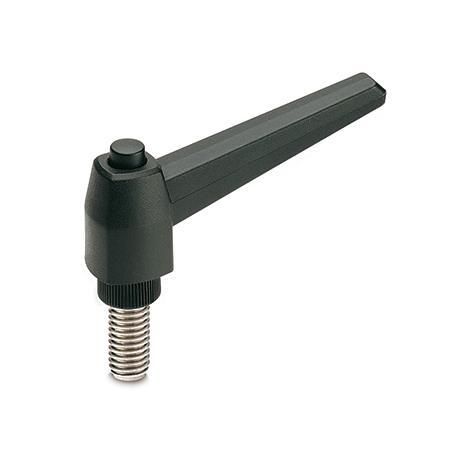 EN 503.1 Technopolymer Plastic Adjustable Levers, with Push Button, Threaded Stud Type, with Stainless Steel Components 