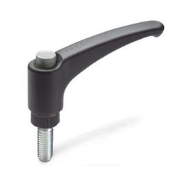 EN 603 Technopolymer Plastic Adjustable Levers, with Push Button, Ergostyle®, Threaded Stud Type, with Steel Components Color of the push button: DGR - Gray, RAL 7035, shiny finish