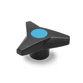 EN 533.6 Technopolymer Plastic Three-Lobed Knobs, with Brass / Stainless Steel Tapped Insert, Softline Color of the cover cap: DBL - Blue, RAL 5024, matte finish
