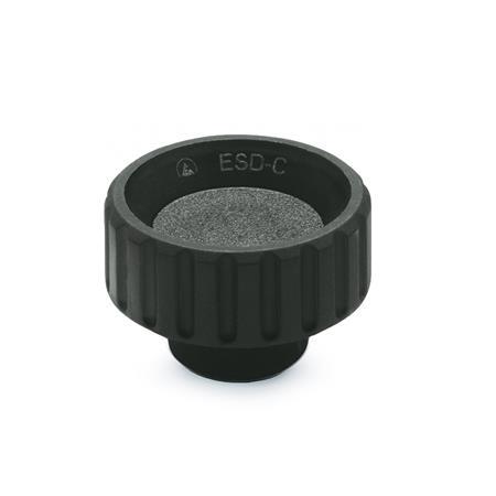 EN 590 Technopolymer Plastic Antistatic Knurled Nuts, with Brass Tapped Through or Tapped Blind Bore Insert Type: E - With tapped blind bore
Material: ESD - Plastic