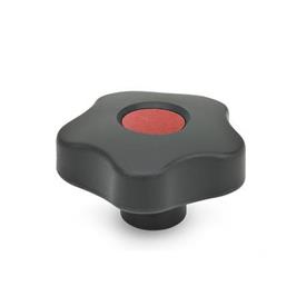 EN 5337.2 Technopolymer Plastic Five-Lobed Knobs, with Brass / Steel Tapped or Plain Blind Bore Insert Type: E - With cover cap (tapped blind bore)<br />Color of the cover cap: DRT - Red, RAL 3000, matte finish