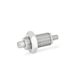 GN 613 Stainless Steel Indexing Plungers, with Plastic Knob, Non Lock-Out, with Fully Threaded Body Material: NI - Stainless steel<br />Type: GK - With threaded stem, with lock nut