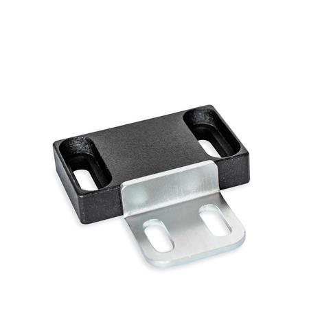 GN 4470 Zinc Die-Cast Magnetic Catches, with Rubberized Magnetic Surface Type: C2 - Magnetic surface side, with slotted hole
Identification: L2 - With strike plate, L-profile, with slotted hole
Finish: SW - Black, RAL 9005, textured finish