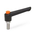 Nylon Plastic Adjustable Levers with Push Button, Threaded Stud Type, with Stainless Steel Components