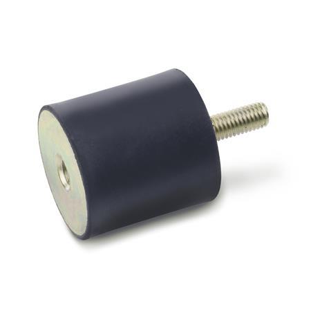 GN 351.2 Rubber Vibration Isolation Mounts, Cylindrical Type, with Steel Components, with 1 Tapped Hole and 1 Threaded Stud 
