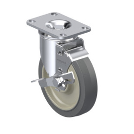 WN 22872.1 Steel Medium Duty Casters, Rubber Wheel Tread, Polypropylene Wheel Core, Light Version Bracket type: LF - Swivel bracket with mounting plate, with wheel brake