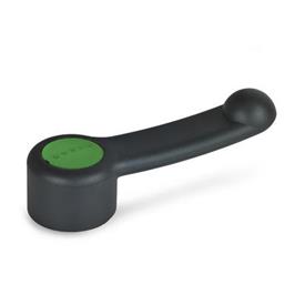 EN 623 Technopolymer Plastic Control Levers, Ergostyle®, Steel Hub, with Round or Square Through Bore, or Keyway Color of the cover cap: DGN - Green, RAL 6017, matte finish