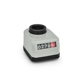 EN 953 Technopolymer Plastic Digital Position Indicators, 5 Digit Display, Steel Shaft Receptacle Installation (Front view): AR - On the chamfer, below<br />Color: GR - Gray, RAL 7035