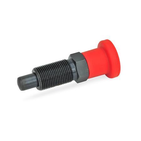 GN 817 Steel Indexing Plungers, Lock-Out and Non Lock-Out, with Multiple Pin Lengths, with Red Knob Type: B - Non lock-out, without lock nut
Color: RT - Red, RAL 3000, matte finish