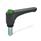 EN 600 Manijas ajustables rectas de plástico, tipo espárrago roscado, con componentes de acero, con botón pulsador, Ergostyle® Color del botón pulsador: DGN - Verde, RAL 6017, acabado brillante