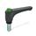 EN 600 Technopolymer Plastic Straight Adjustable Levers, with Push Button, Threaded Stud Type, with Steel Components, Ergostyle® Color of the push button: DGN - Green, RAL 6017, shiny finish