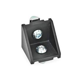 GN 961 Escuadras para sistemas de perfiles de 30/40 mm de aluminio, para anchos de ranura de 6 / 8 mm, montaje con tuercas para ranuras en T de inserción T GN 506 Tipo de pieza angular: C - Con juego de montaje, sin tapón de cubierta<br />Acabado: SW - Negro, RAL 9005, acabado texturizado
