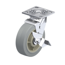 WN 22872.1 Steel Medium Duty Casters, Rubber Wheel Tread, Polypropylene Wheel Core, Medium Version Bracket type: LF - Swivel bracket with mounting plate, with wheel brake