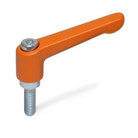 GN 300.2 Zinc Die-Cast Adjustable Levers, Threaded Stud Type, with Zinc Plated Steel Components Color (Finish): OS - Orange, RAL 2004, textured finish