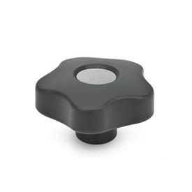EN 5337.7 Technopolymer Plastic Five-Lobed Knobs, with Stainless Steel Tapped Blind Bore Insert Type: E - With cover cap (tapped blind bore)<br />Color of the cover cap: DGR - Gray, RAL 7035, matte finish
