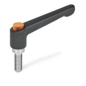 GN 303.1 Zinc Die-Cast Adjustable Levers, with Push Button, Threaded Stud Type, with Stainless Steel Components Push button color: O - Orange, RAL 2004