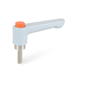 GN 304.1 Zinc Die-Cast Straight Adjustable Levers, with Push Button, Threaded Stud Type, with Stainless Steel Components Lever color: SR - Silver, RAL 9006, textured finish<br />Push button color: O - Orange, RAL 2004