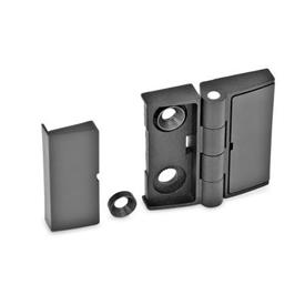 GN 238 Zinc Die-Cast Hinges, Adjustable, with Cover Caps Type: EJ - Adjustable on one side<br />Color: SW - Black, RAL 9005, textured finish