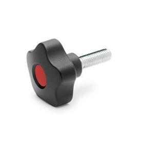 EN 5337.2 Technopolymer Plastic Five-Lobed Knobs, with Steel Threaded Stud Color of the cover cap: DRT - Red, RAL 3000, matte finish