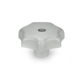 DIN 6336 Aluminum Star Knobs, with Tapped or Plain Bore Type: D - With tapped through bore<br />Finish: MT - Matte, tumbled finish