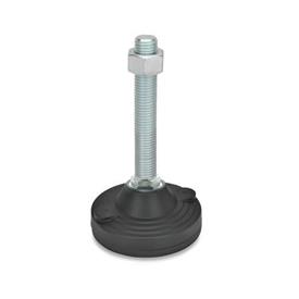 EN 247 Steel Leveling Feet, Plastic Base, Threaded Stud Type, with Mounting Holes Type: BG - With nut, with rubber pad