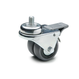 EN 22870 Steel Light Duty Casters, Rubber Wheel Tread, Polypropylene Wheel Core, Double Wheel Version Bearing type: G - Friction bearing<br />Bracket type: GF - Swivel bracket with threaded stud, with total lock brake<br />Coding: D - Double wheel version