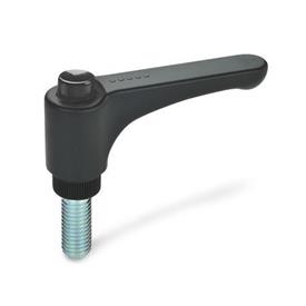 EN 600 Technopolymer Plastic Straight Adjustable Levers, Ergostyle®, with Push Button, Threaded Stud Type, with Steel Components Color of the push button: DSG - Black-gray, RAL 7021, shiny finish